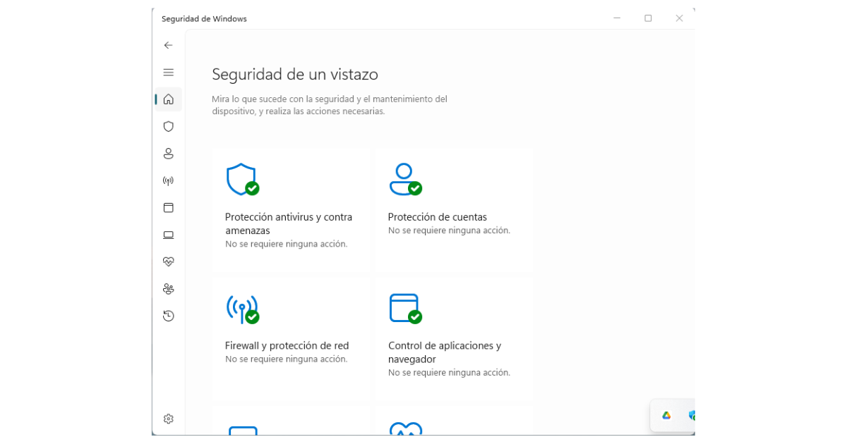 Panel de la app Seguridad de Windows