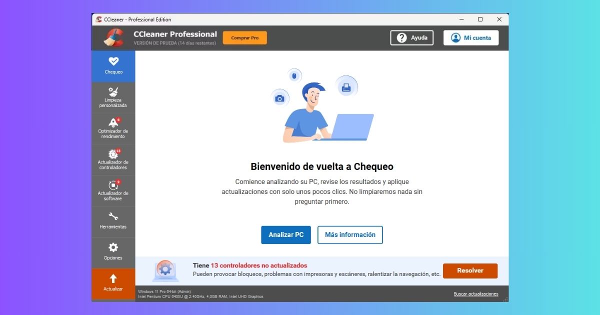Interfaz de CCleaner Professional